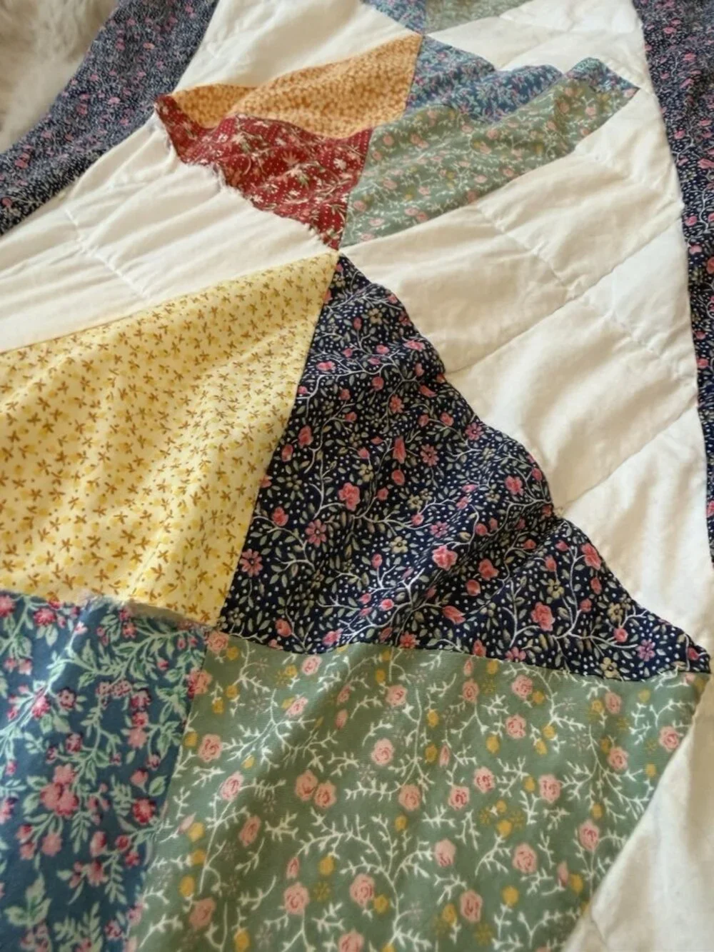 Vtg 80s  Bedspread Machine  Pieced Quilted  Patchwork 86X 88 Quilt  cottage Read